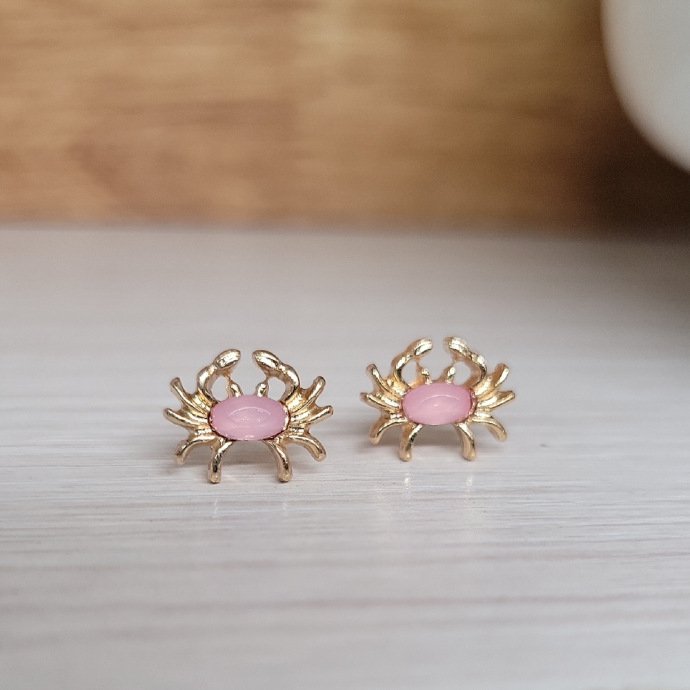 Pink and Gold Crab Stud Earrings
